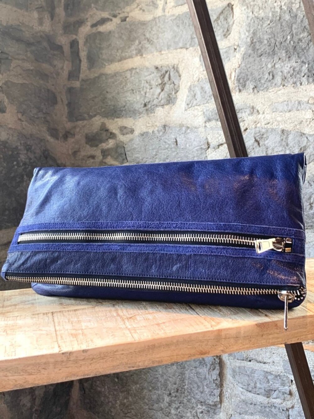 Alexander Wang Dark Blue Fold Over Leather and Suede Clutch